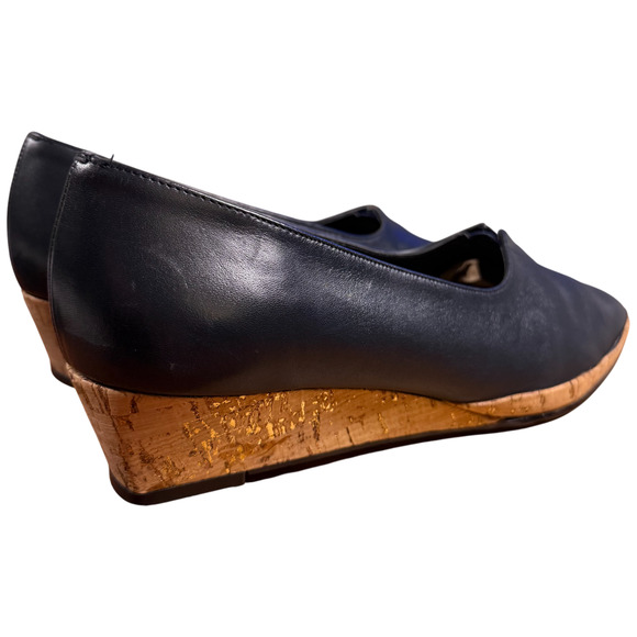 Magdesian Women's 10 Navy Leather Cork Wedge Heels Comfort Casual Italy - Picture 6 of 11